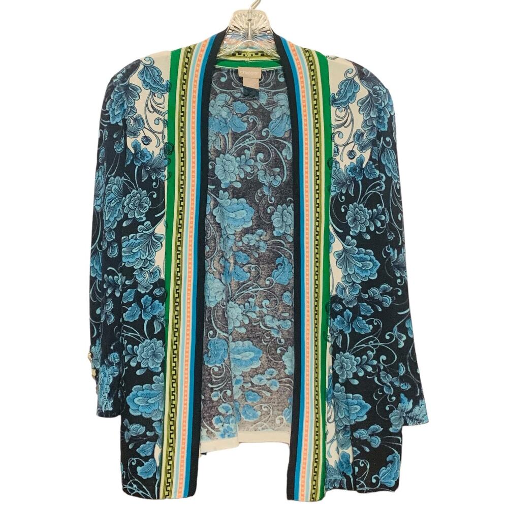 Chico's Cardigan Floral Print Lightweight Knit Open Front Size 1 US Sz M Boho